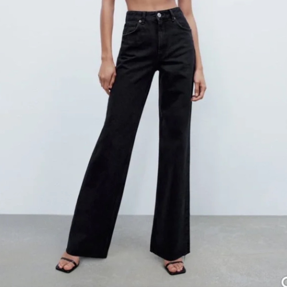 Zara Wide leg flare long high rise black jeans